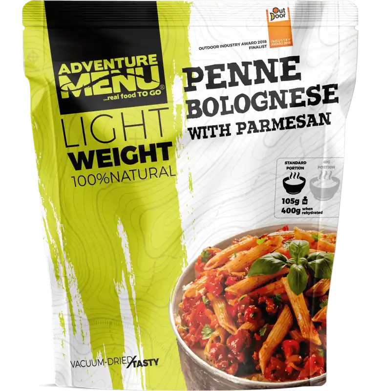 Vysoce Kvalitní Adventure menu Penne s boloňskou omáčkou a parmesánem 105g standard porce