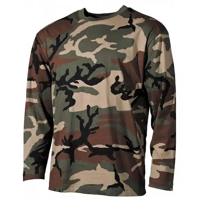 Novinka MFH tričko s dlouhým rukávem vzor woodland, 160g/m2