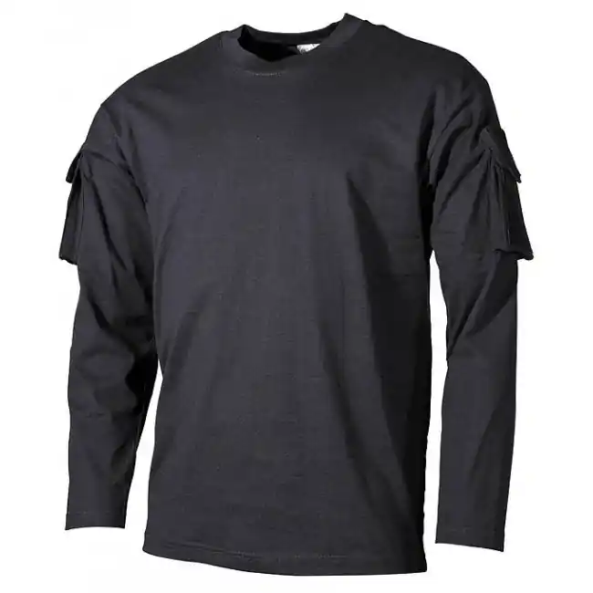 Cenový Hit MFH US černé dlhé tričko s velcro kapsami na rukávech, 170g/m2