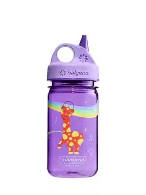 Dětská láhev na vodu Nalgene Grip-n-Gulp Sustain 0,35 l s obalem, fialová hudební žirafa Nová Kolekce