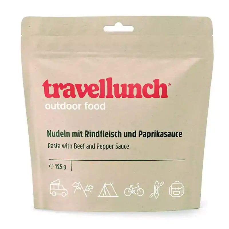 jídlo TRAVELLUNCH Těstoviny s hovězím masem a paprikovou omáčkou 125g Nízká Cena